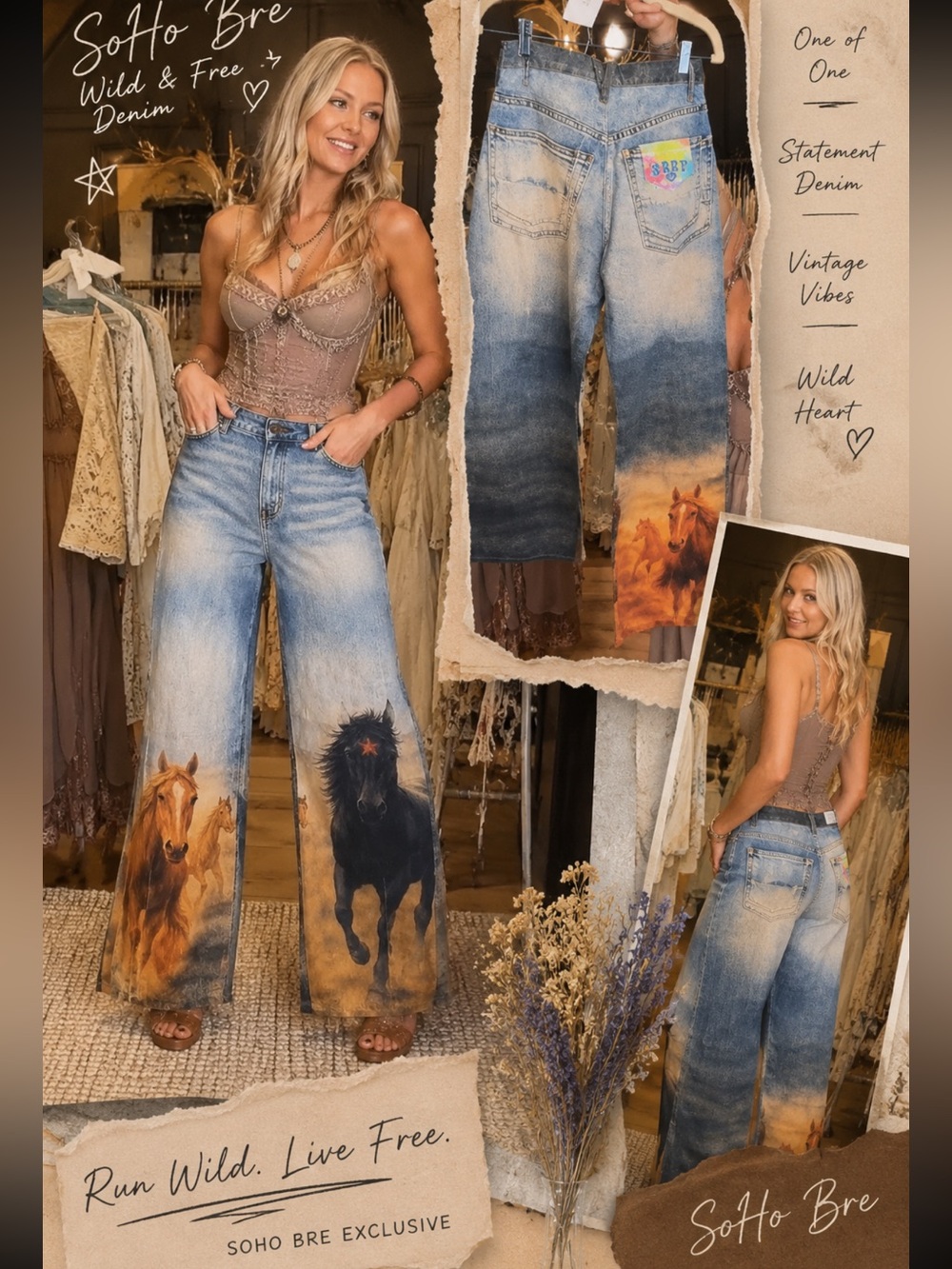 Barrel Horse-Print Denim Jeans in Blue Wash
